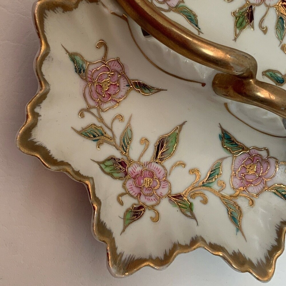 Vintage Porcelain Ashtray Divided Dish Ivory Gold Trim Floral Handle Multi-color - Picture 5 of 6
